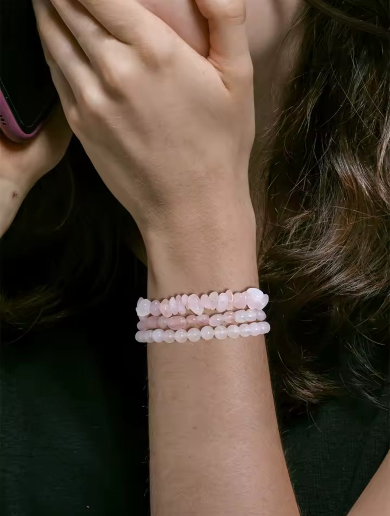 Bracelet Trio "Douceur Infinie" en Quartz Rose (Multi-Textures)