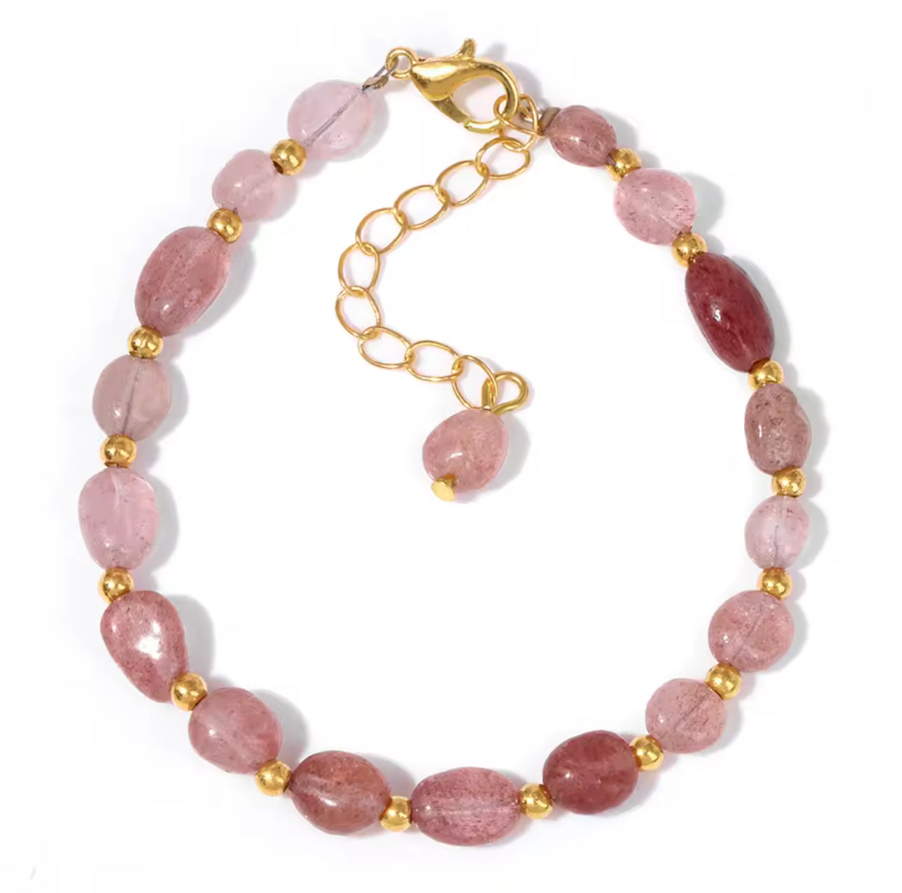 Bracelet "Éclat Rosé" en Quartz Fraise (Pierres Roulées et Détails Dorés)