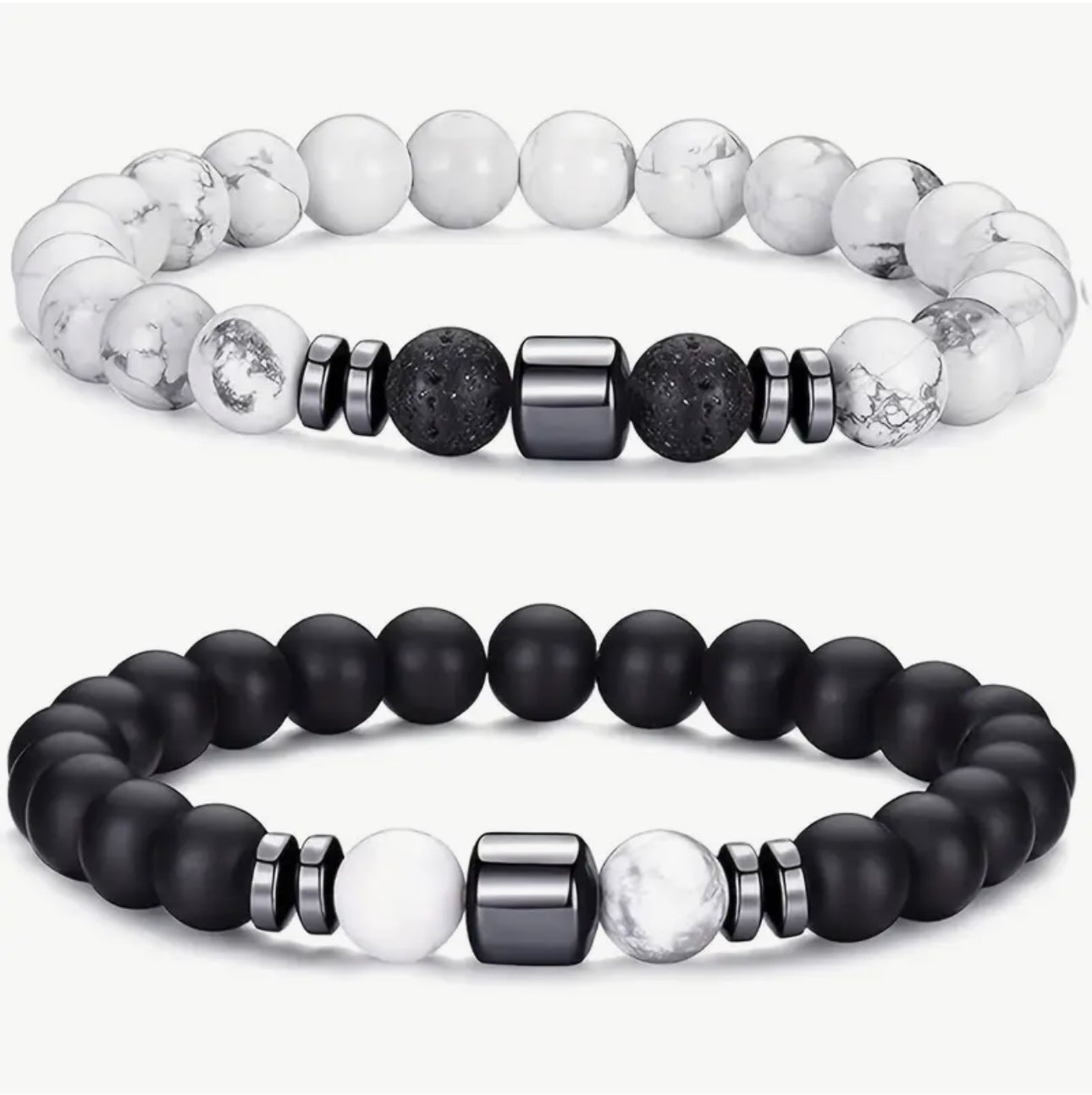 Duo de Bracelets "Yin & Yang" en Howlite, Onyx Mat et Pierre de Lave