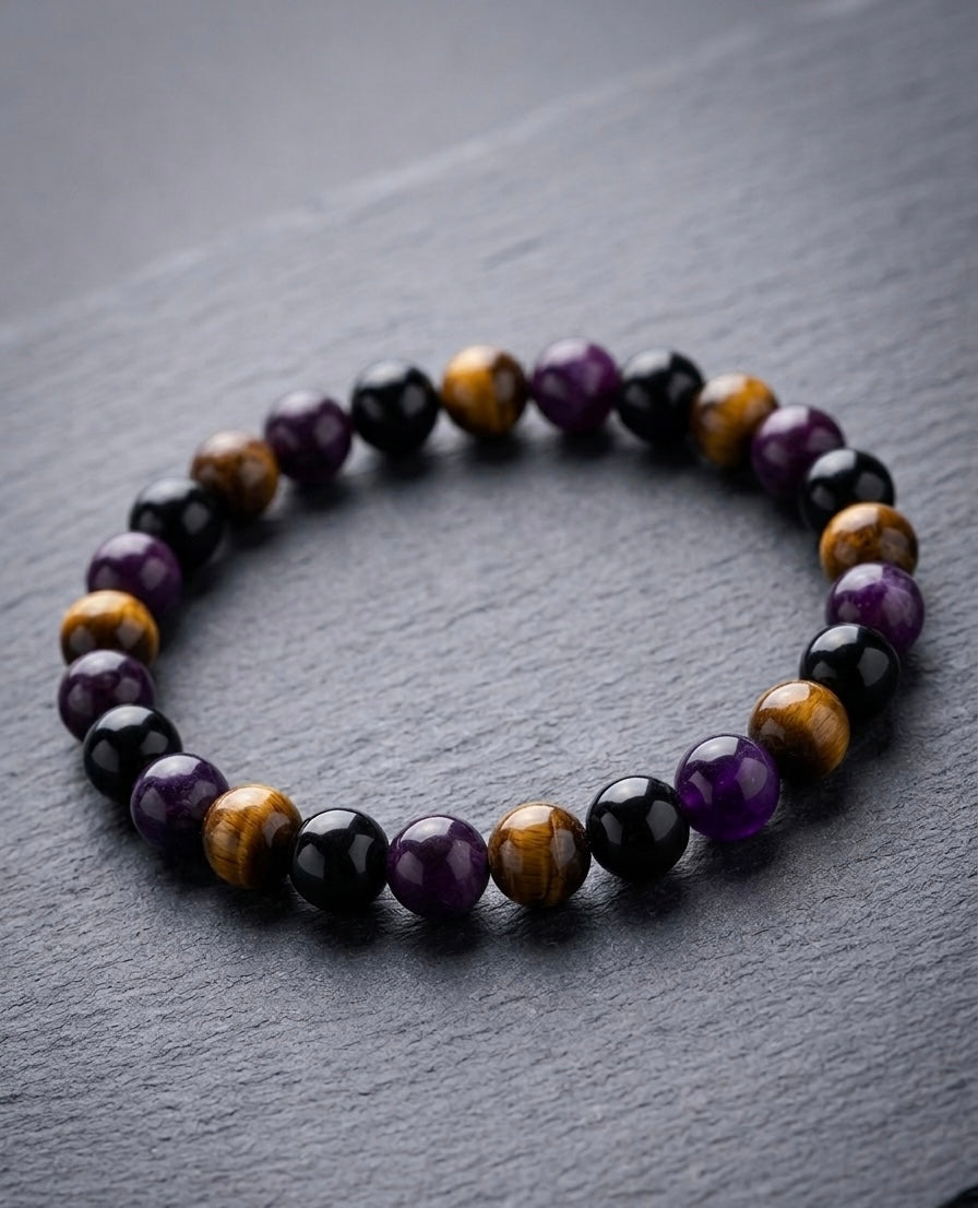Bracelet "Trio de Force" : Œil de Tigre, Œil de Tigre Violet & Obsidienne Noire