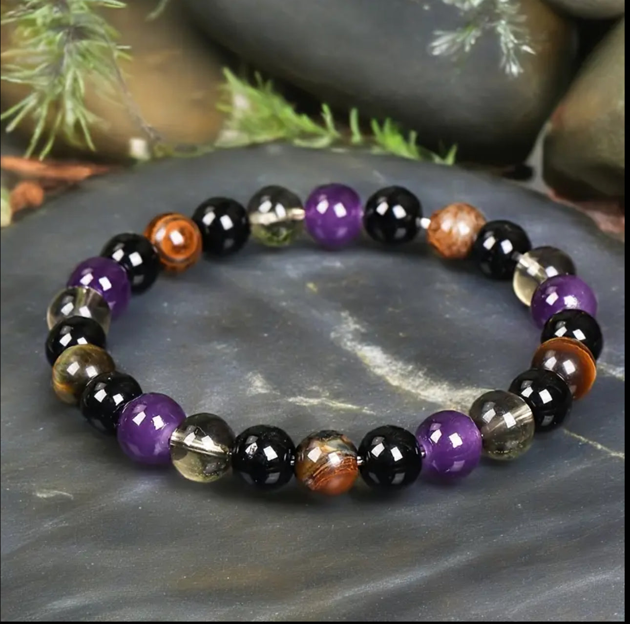 Bracelet en Améthyste, Œil de Tigre, Obsidienne et Quartz Fumé – Intuition & Protection