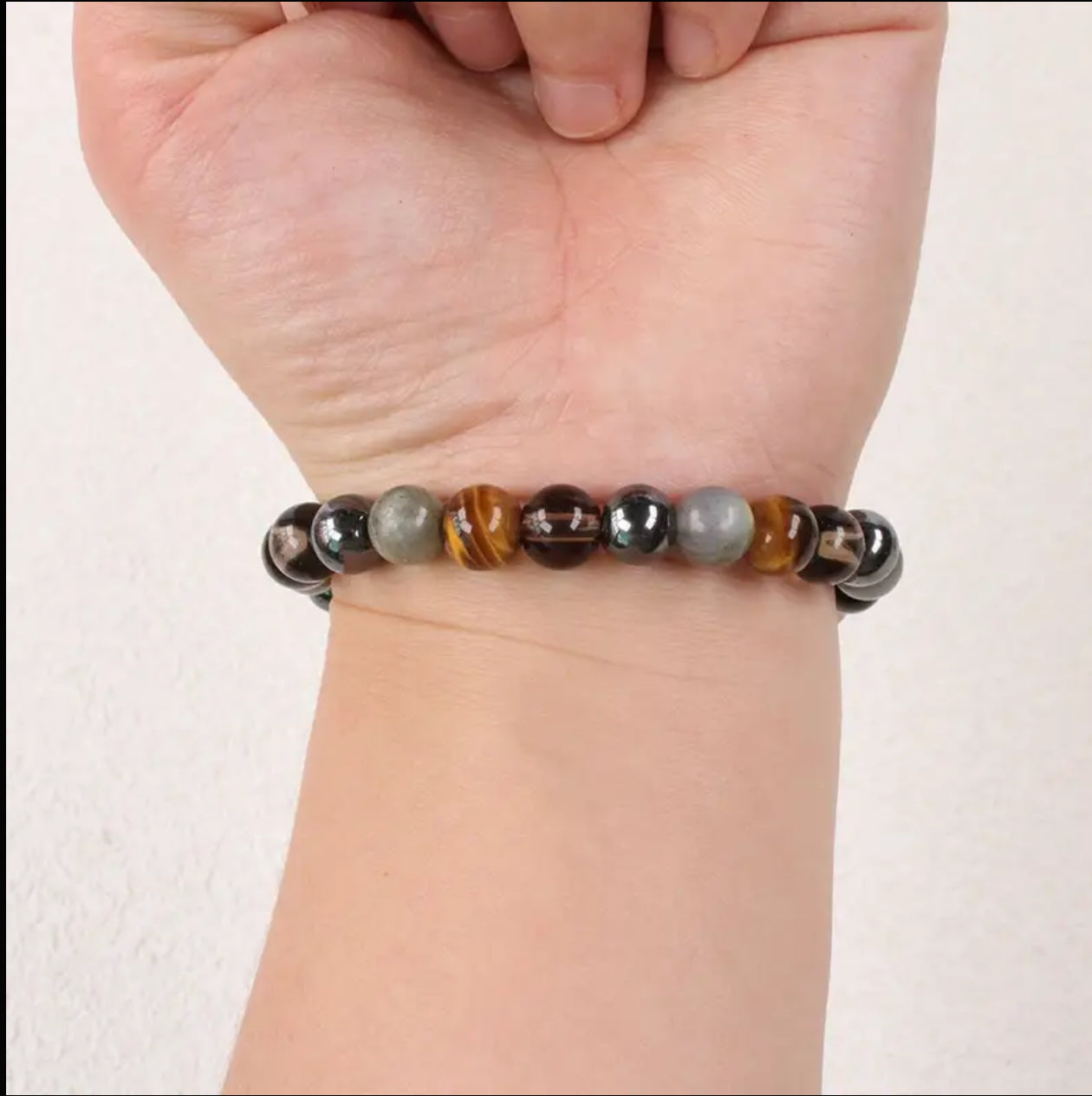 Bracelet « Force & Harmonie » — Hématite, Quartz Fumé, Labradorite, Œil de Tigre