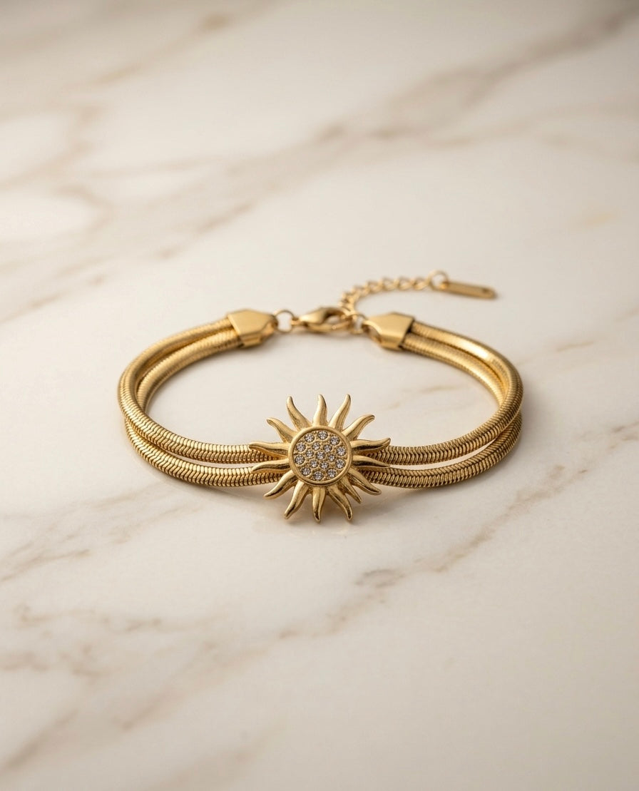 Gourmette "Zénith Doré" – Double Maille Serpent & Soleil de Cristaux