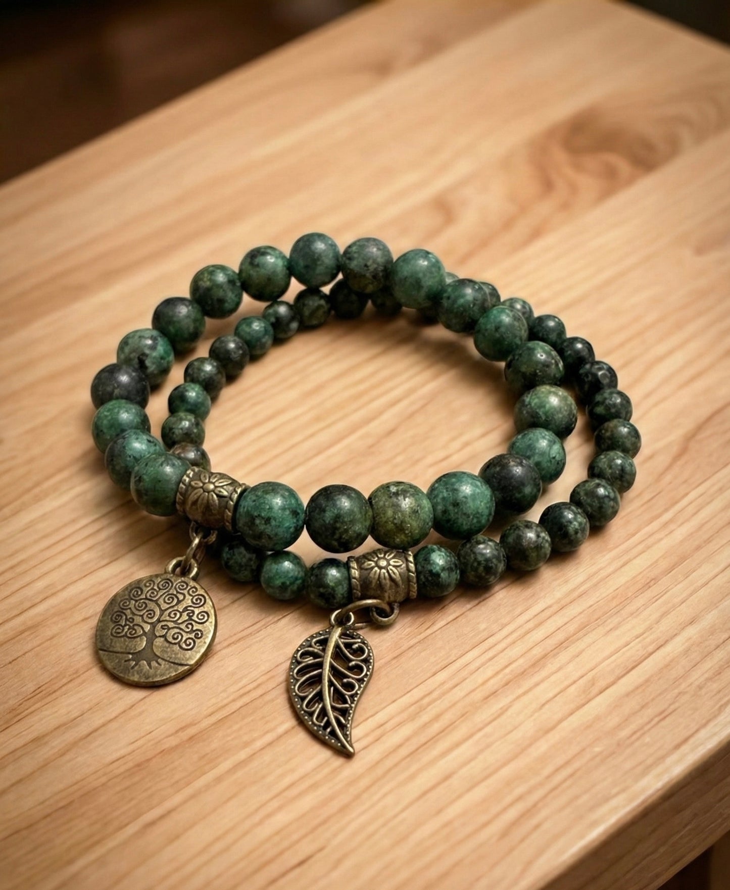 Bracelet Double "Évolution & Renouveau" en Jaspe Africain avec Arbre de Vie