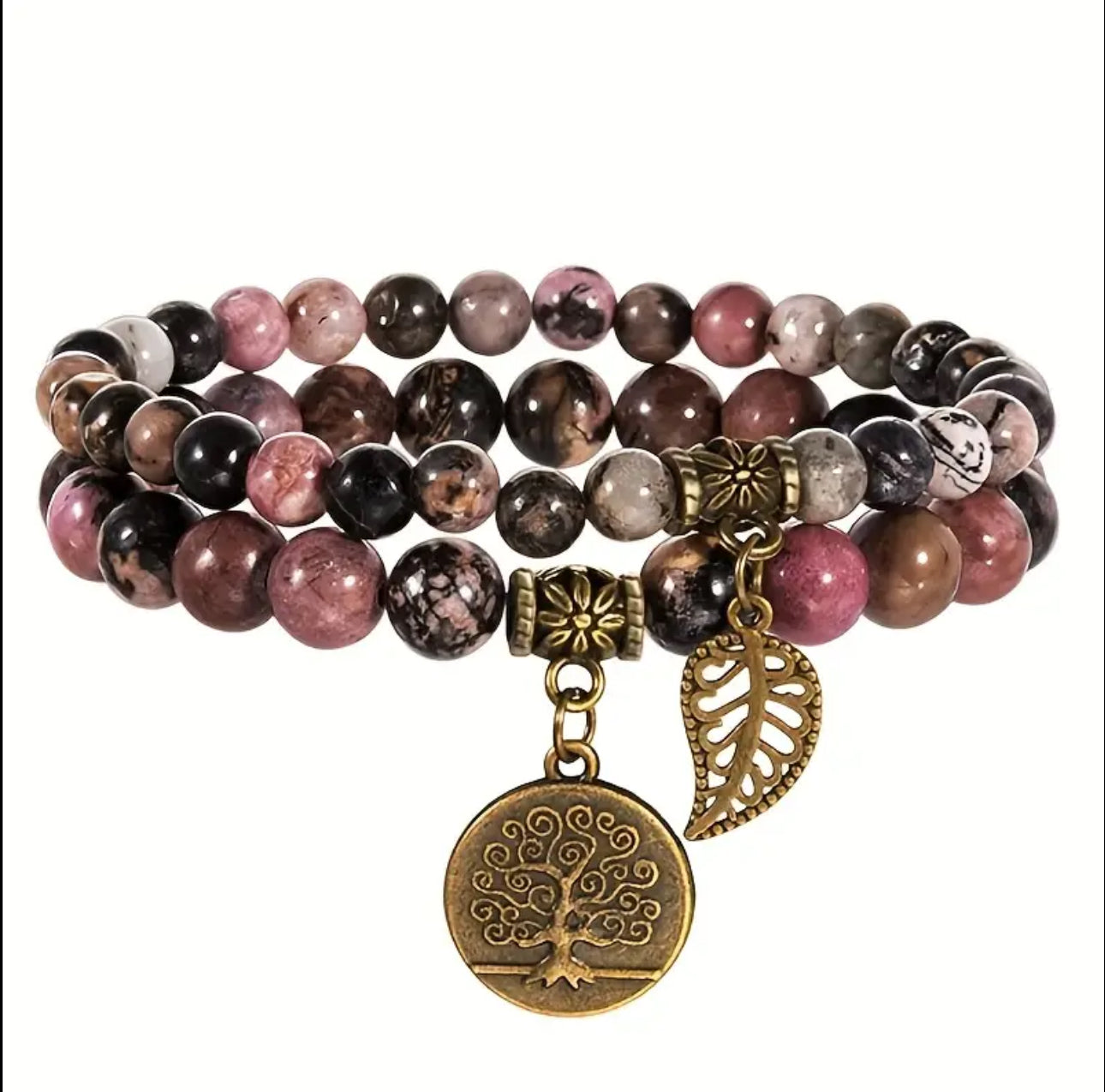 Bracelet Double "Douceur & Ancrage" en Rhodonite avec Arbre de Vie