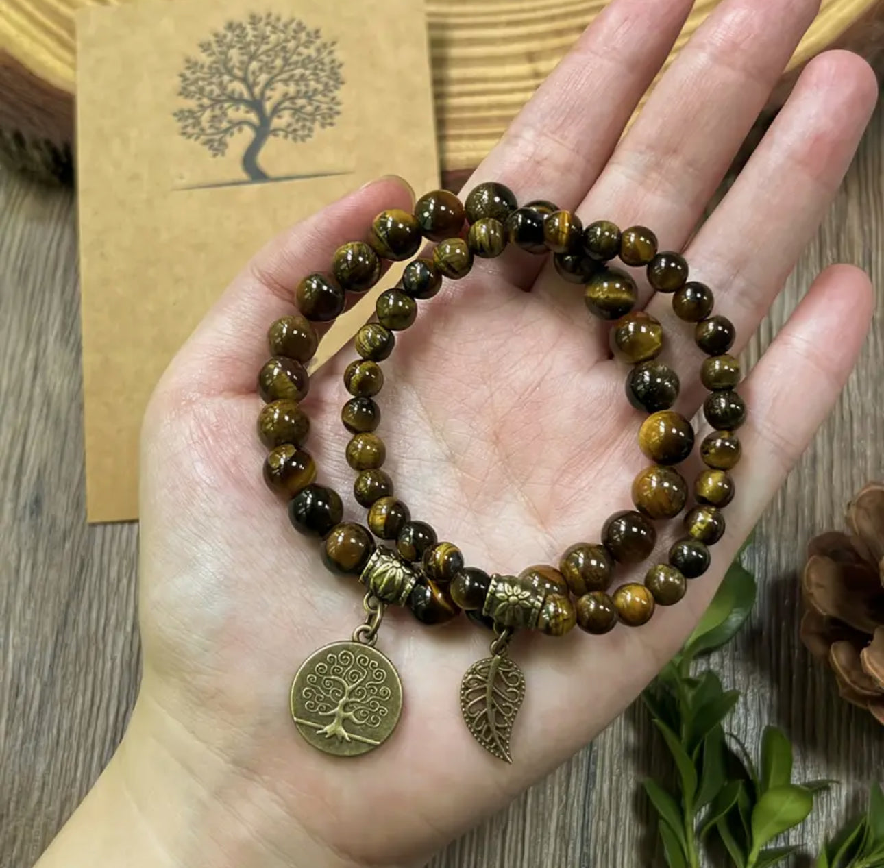 Bracelet Double "Sagesse & Racines" en Œil de Tigre avec Arbre de Vie