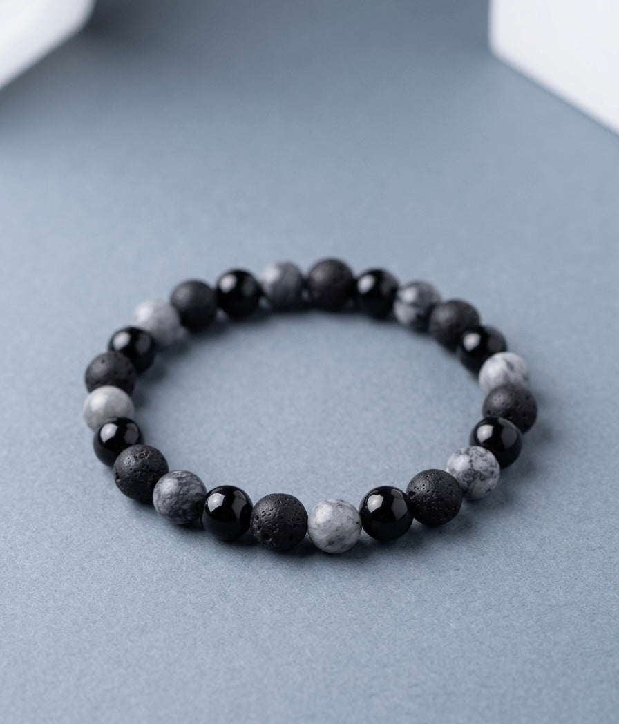 Bracelet "Force Minérale" en Pierre de Lave, Onyx Noir et Jaspe Gris