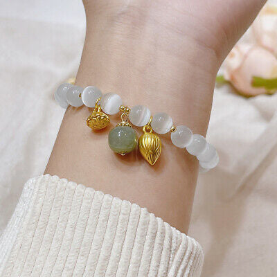 Bracelet en Œil de Chat Blanc et Jade – Lumière et Sérénité