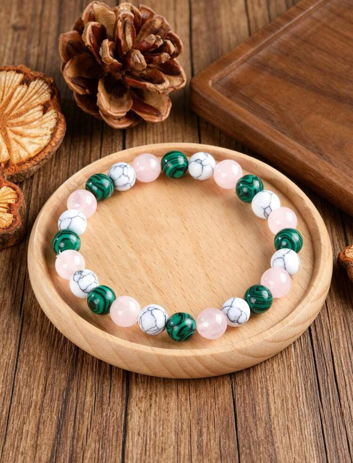 Bracelet "Équilibre et Harmonie" en Quartz Rose, Howlite et Malachite