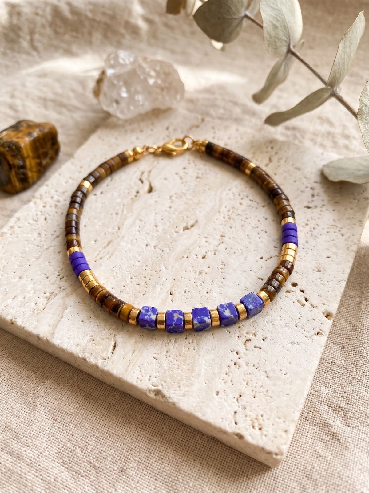 Bracelet « Énergie & Harmonie » – Œil de Tigre, Jaspe Bleu