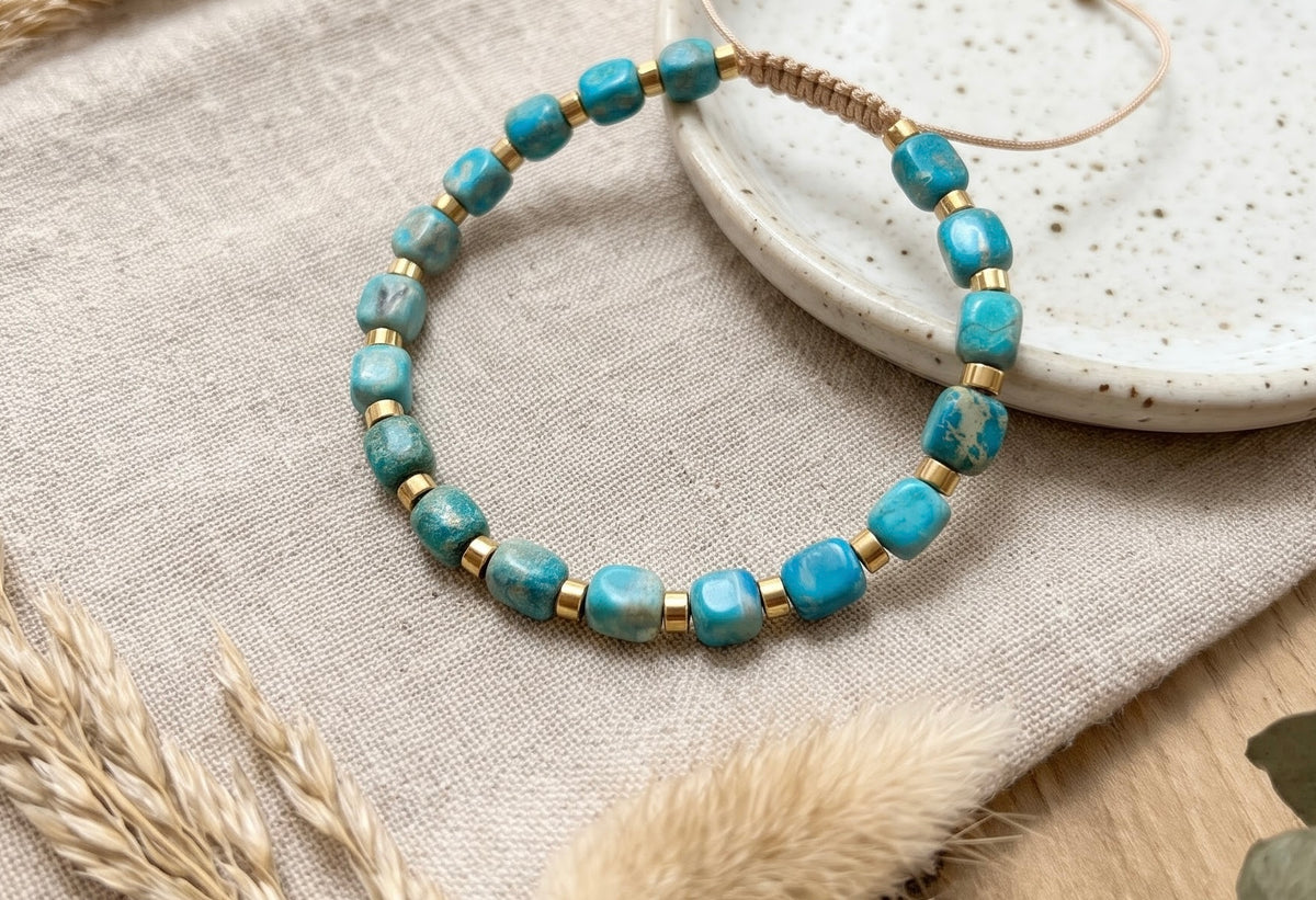 Bracelet Bohème "Lagune Dorée" – Jaspe Turquoise Ajustable