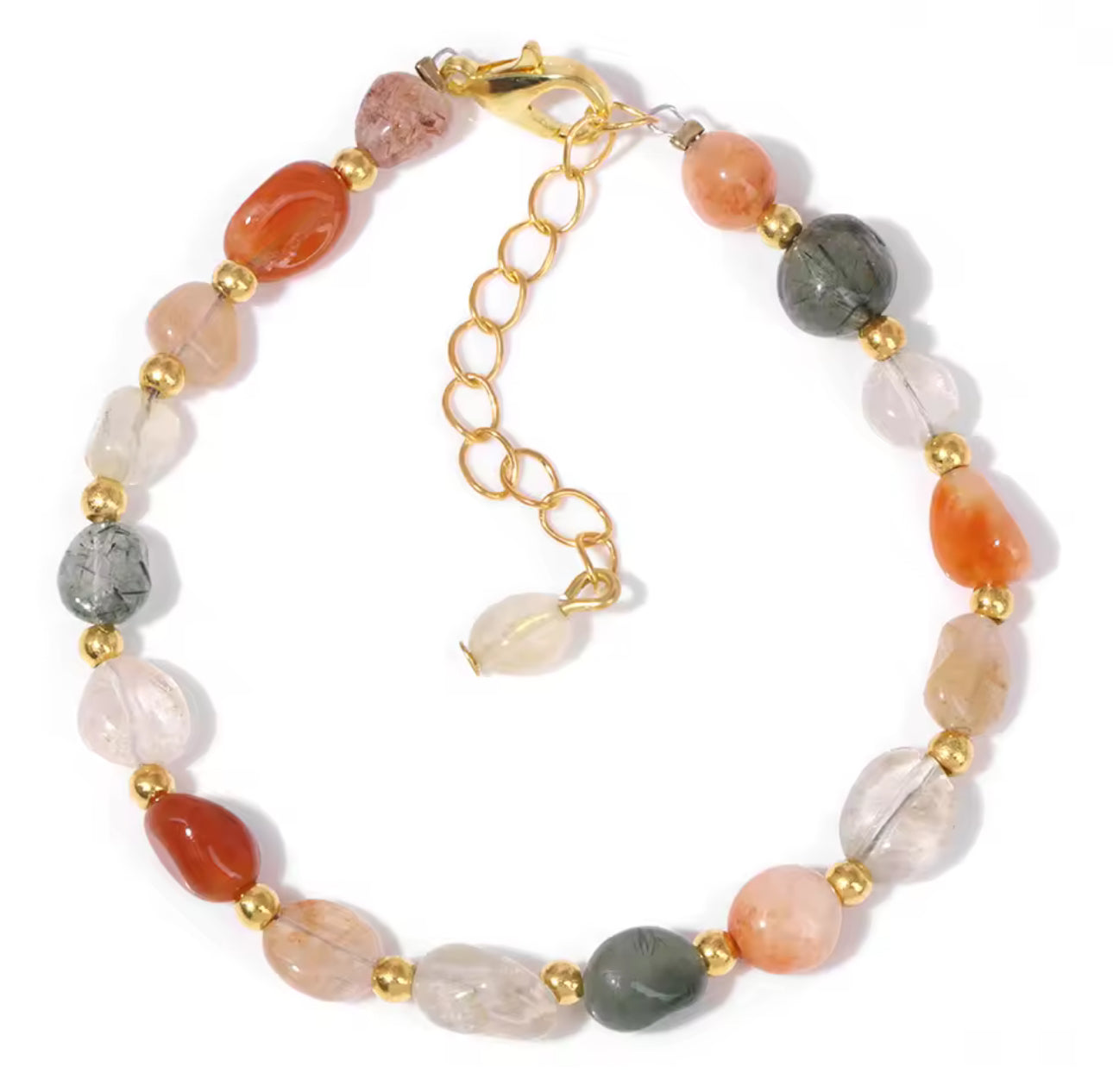 Bracelet "Éclat Minéral" en Quartz Rutile Multicolore (Pierres Roulées et Détails Dorés)