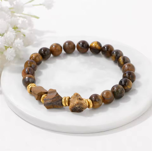 Bracelet "Bouclier Solaire" en Œil de Tigre (Perles Rondes et Éclats Bruts)