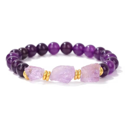 Bracelet "Sérénité Brute" en Améthyste (Perles Rondes et Éclats Bruts)