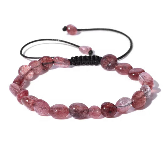 Bracelet "Pétales de Douceur" en Quartz Fraise (Pierres Roulées Ajustables)