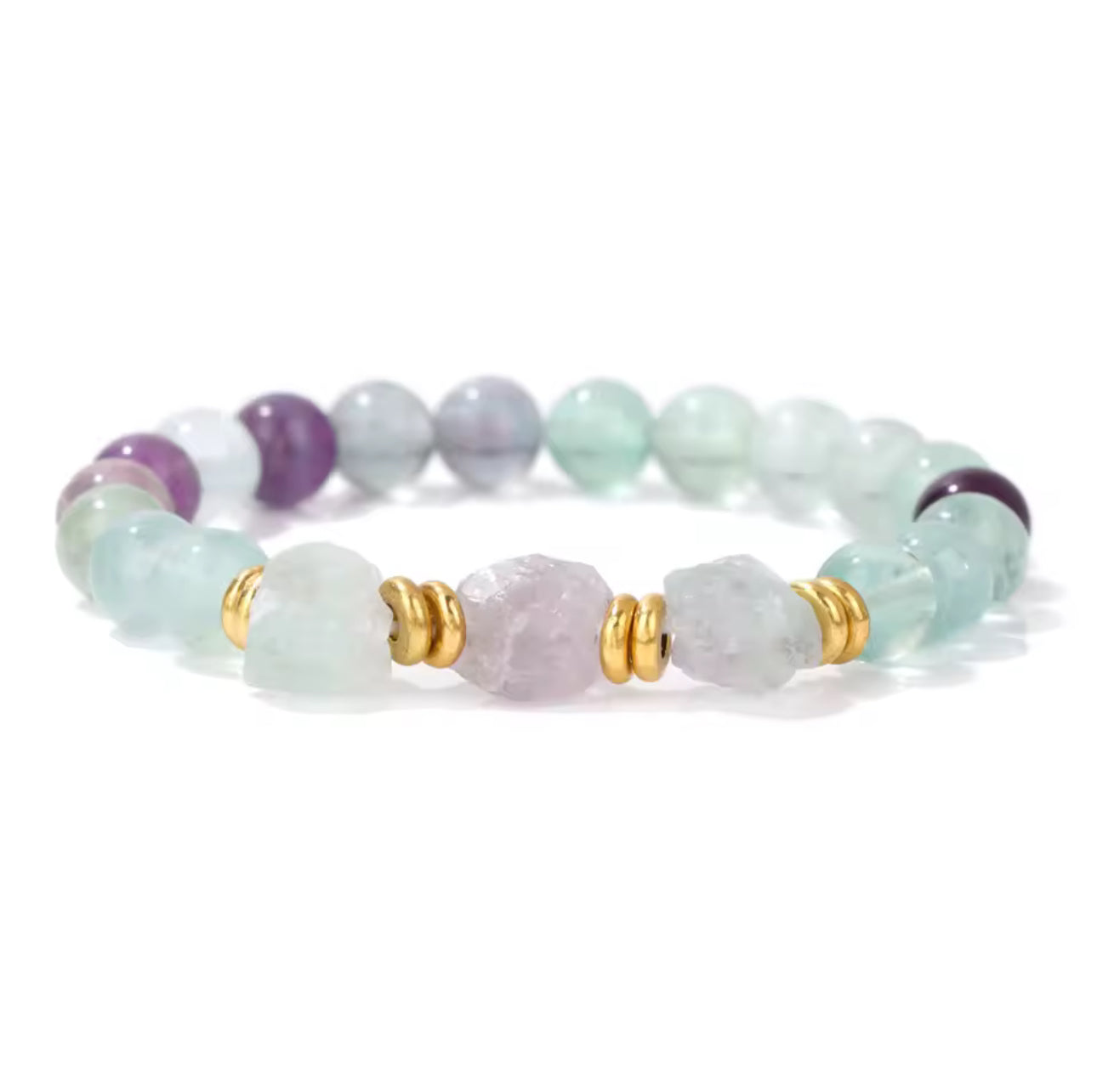 Bracelet "Équilibre Subtil" en Fluorite Multicolore (Perles Rondes et Pierres Brutes)