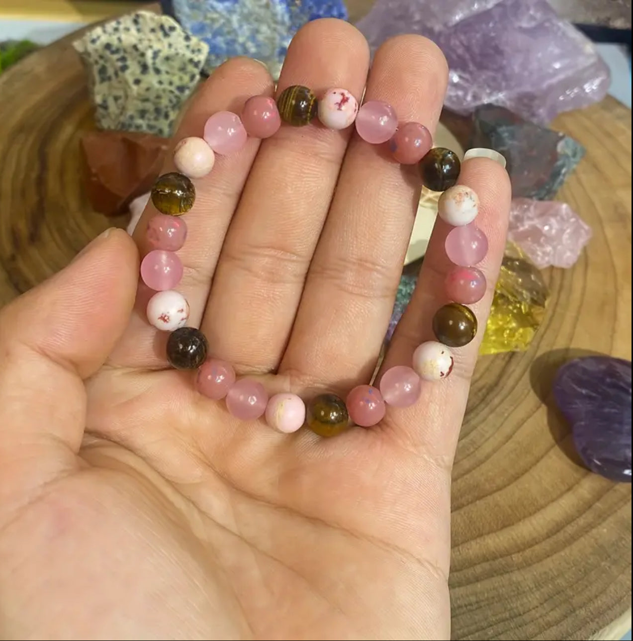 Bracelet Amour et Harmonie – Quartz Rose, Rhodochrosite, Jaspe et Œil de Tigre