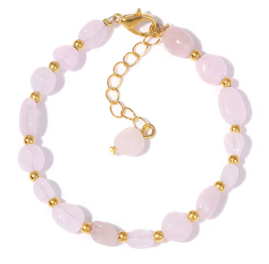 Bracelet "Tendresse Infinie" en Quartz Rose (Pierres Roulées et Détails Dorés)