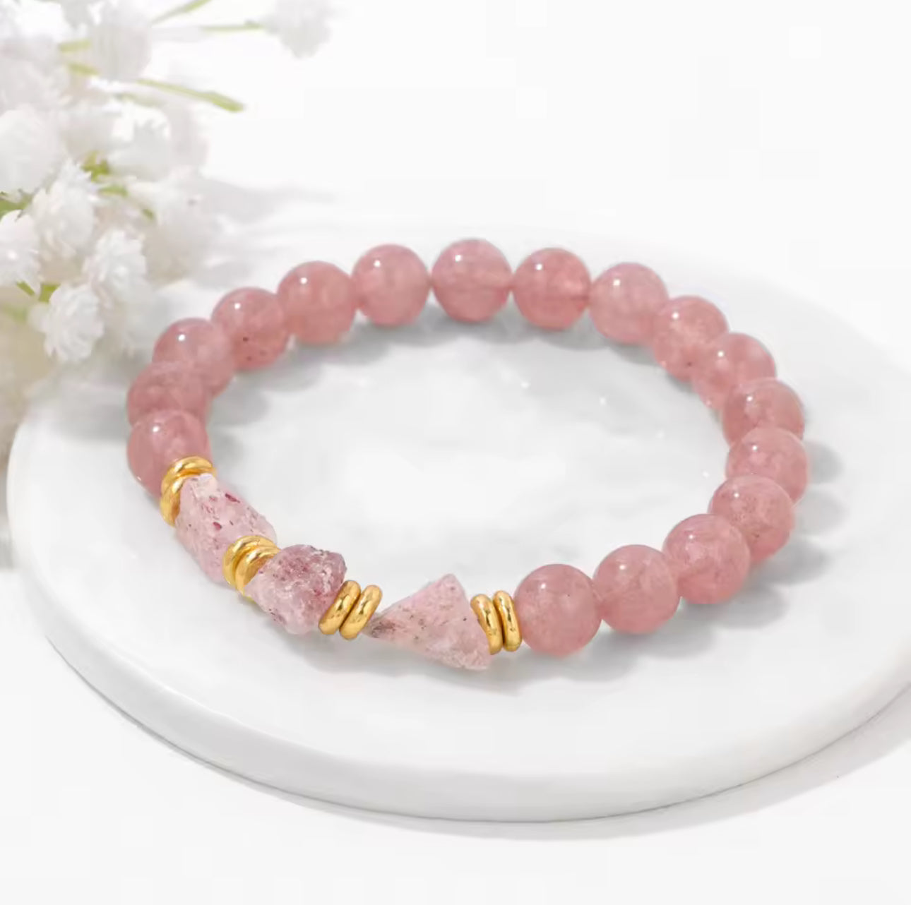 Bracelet "Éclat Pétillant" en Quartz Fraise (Perles Rondes et Éclats Bruts)
