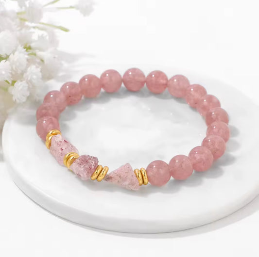 Bracelet "Éclat Pétillant" en Quartz Fraise (Perles Rondes et Éclats Bruts)