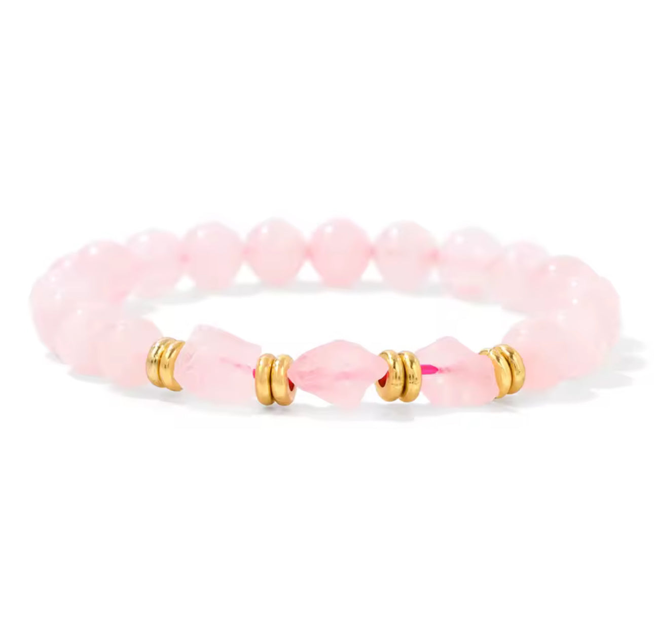Bracelet "Éclat Romantique" en Quartz Rose (Perles Rondes et Pierres Brutes)