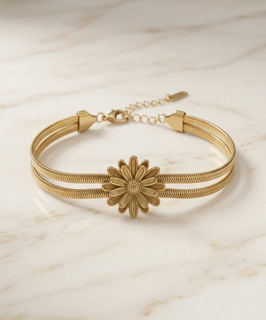 Gourmette "Dahlia d’Or" – Double Maille Serpent & Fleur de Printemps