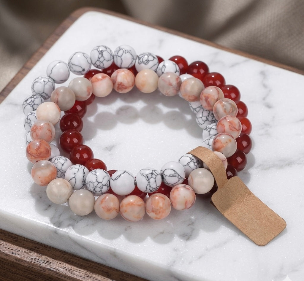 Bracelet Trio "Harmonie des Éléments" : Howlite, Cornaline & Jaspe