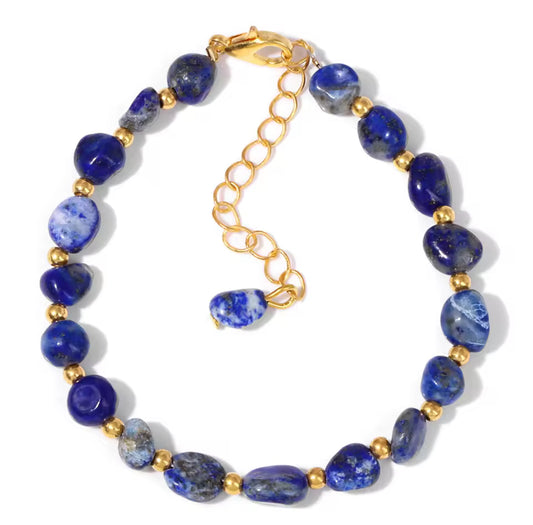 Bracelet "Nuit Étoilée" en Lapis Lazuli (Pierres Roulées et Détails Dorés)
