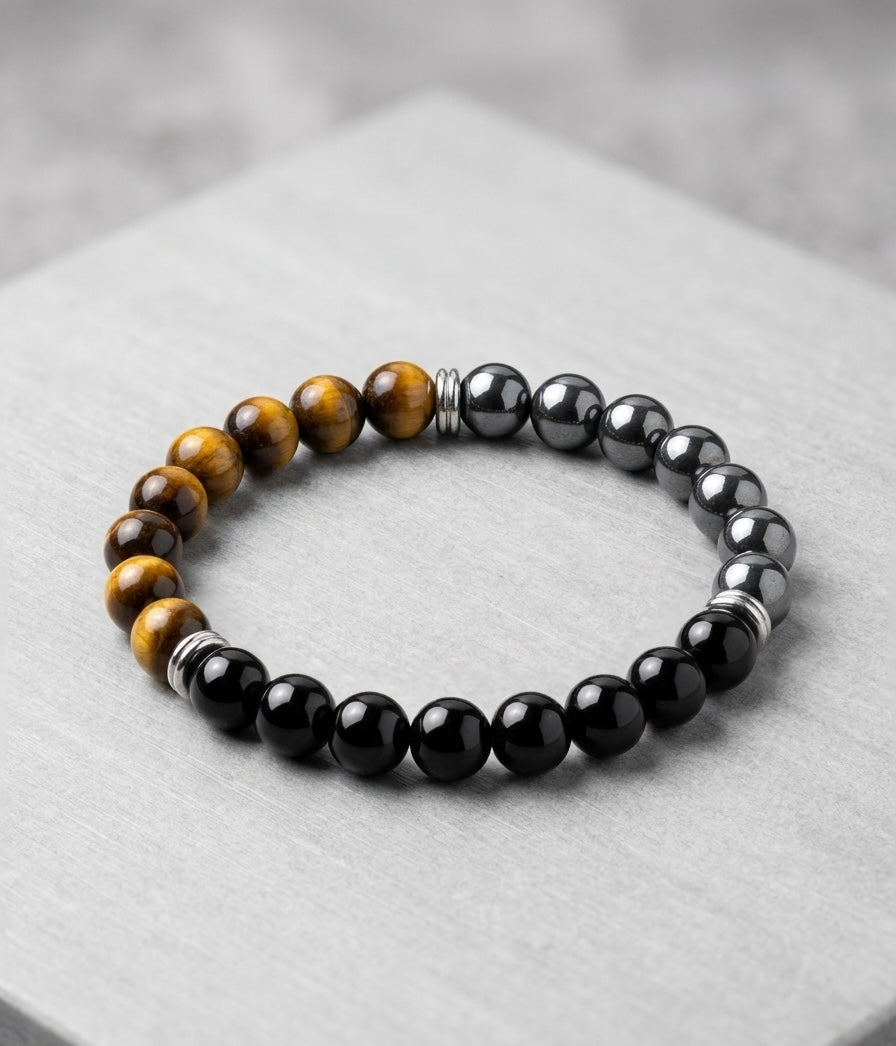 Bracelet "Triple Protection" en Œil de Tigre, Hématite et Onyx Noir
