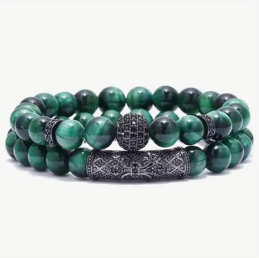 Bracelet Double "Prospérité & Harmonie" en Œil de Tigre Vert