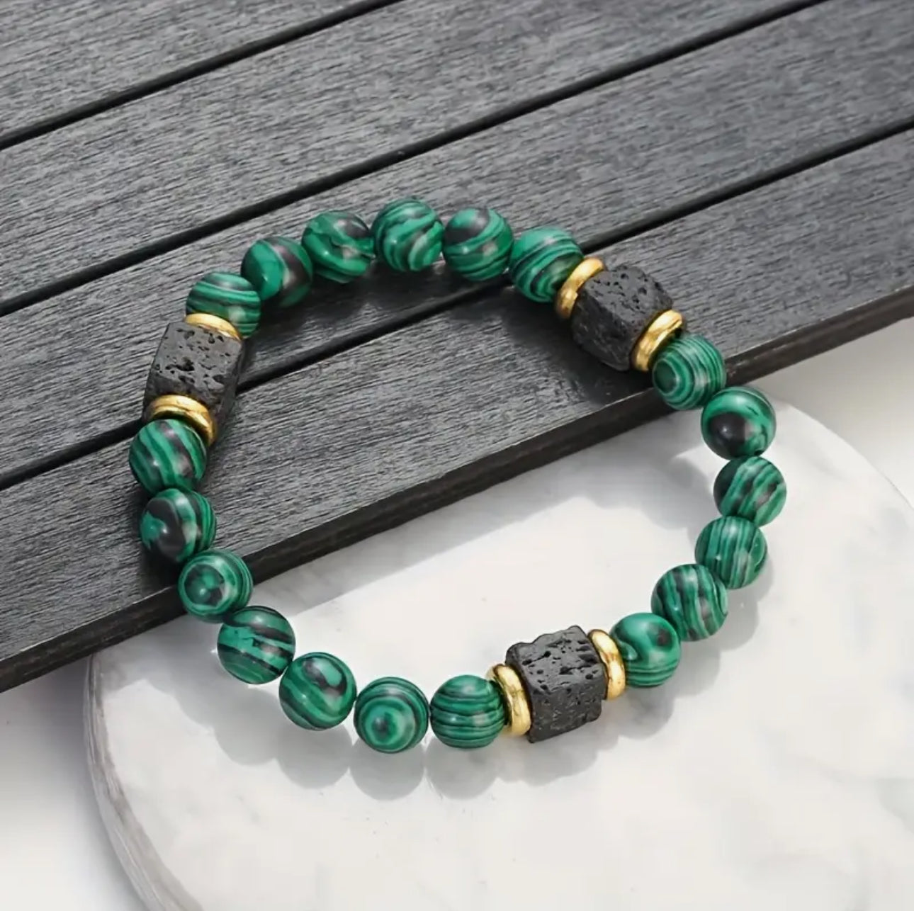 Bracelet "Force Volcanique" en Malachite (10mm) & Pierre de Lave