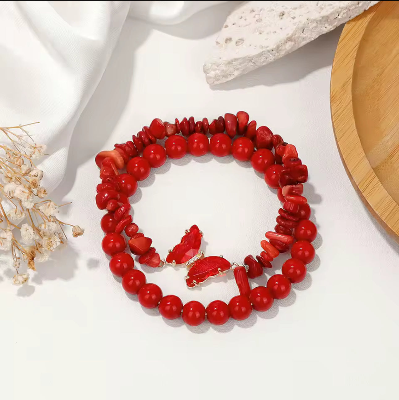 Bracelets Duo "Envol Passion" en Corail Rouge et Charme Papillon