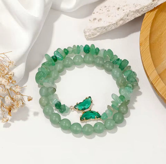 Bracelets Duo "Envol Naturel" en Aventurine Verte et Charme Papillon