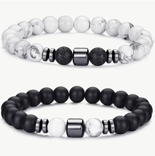 Duo de Bracelets "Yin & Yang" en Howlite, Onyx Mat et Pierre de Lave
