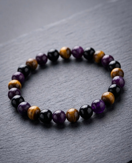 Bracelet "Trio de Force" : Œil de Tigre, Œil de Tigre Violet & Obsidienne Noire