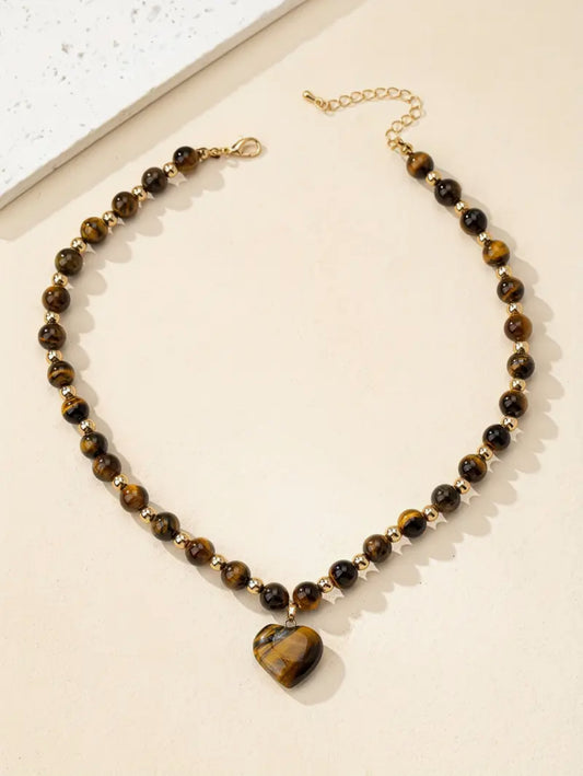 Collier Choker "Force & Amour" en Œil de Tigre et Cœur Doré