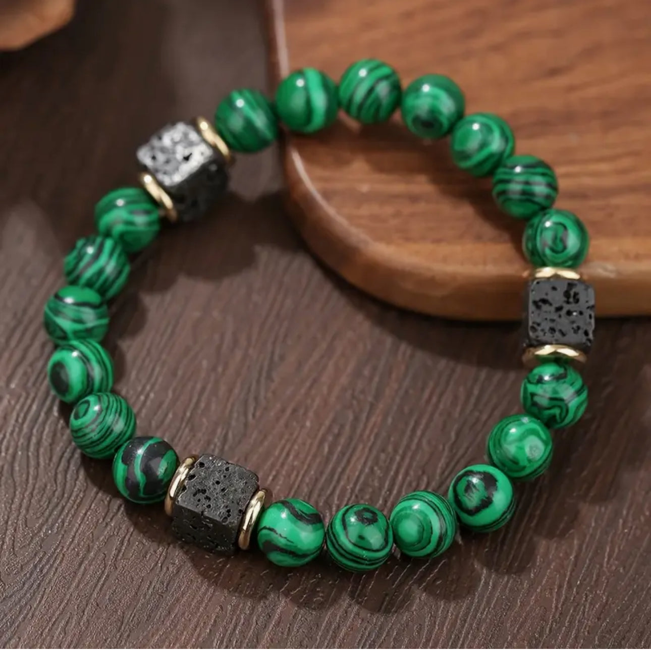 Bracelet "Force Volcanique" en Malachite (10mm) & Pierre de Lave