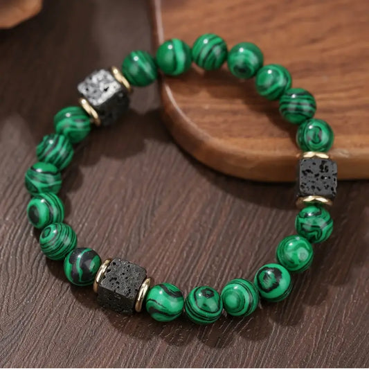 Bracelet "Force Volcanique" en Malachite (10mm) & Pierre de Lave