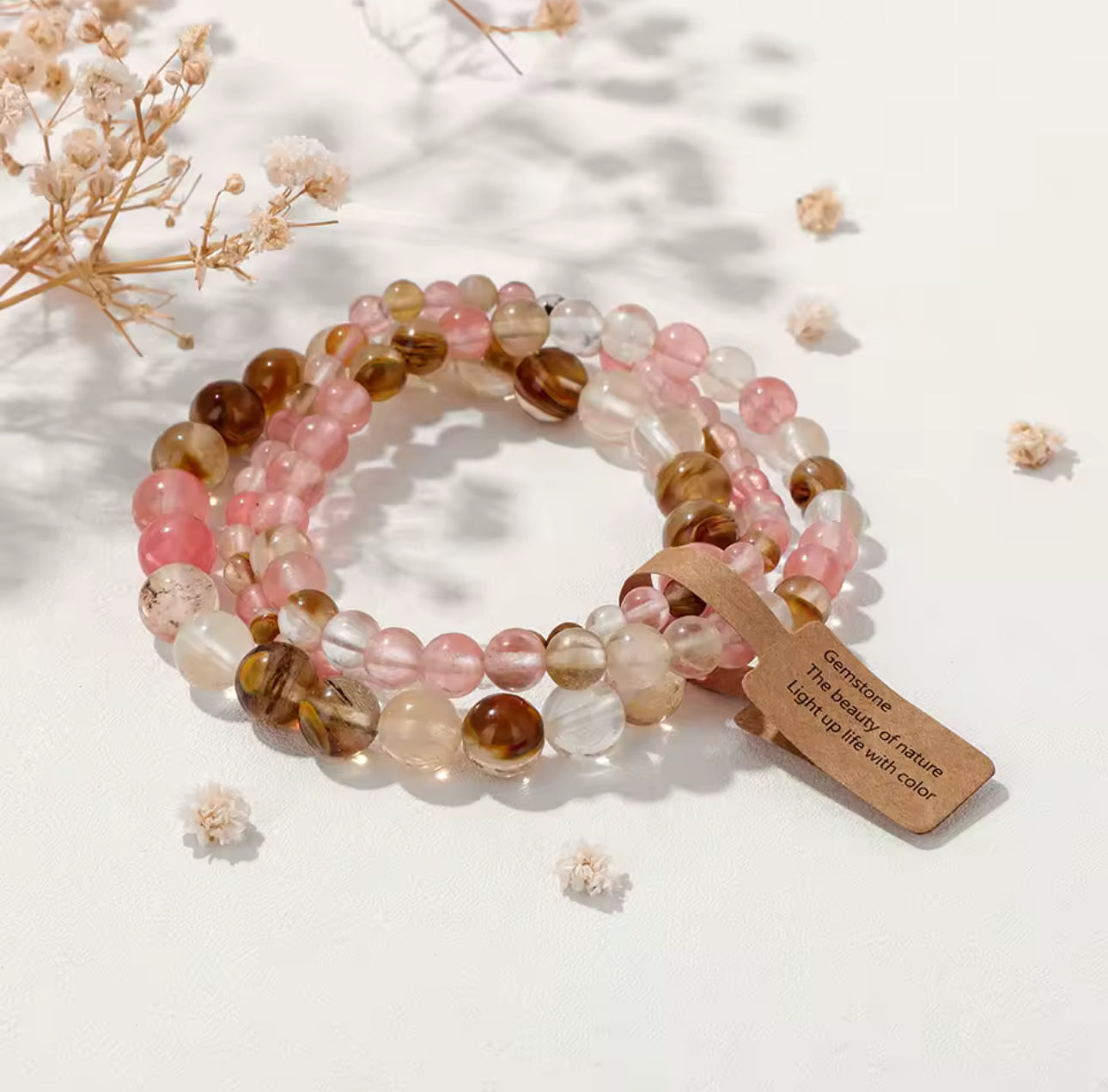Set de 3 Bracelets "Éveil Printanier" en Quartz Fraise et Quartz Rutile