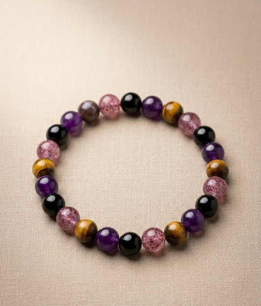 Bracelet "Énergie Mystique" en Améthyste, Œil de Tigre, Onyx Noir et Quartz Fraise