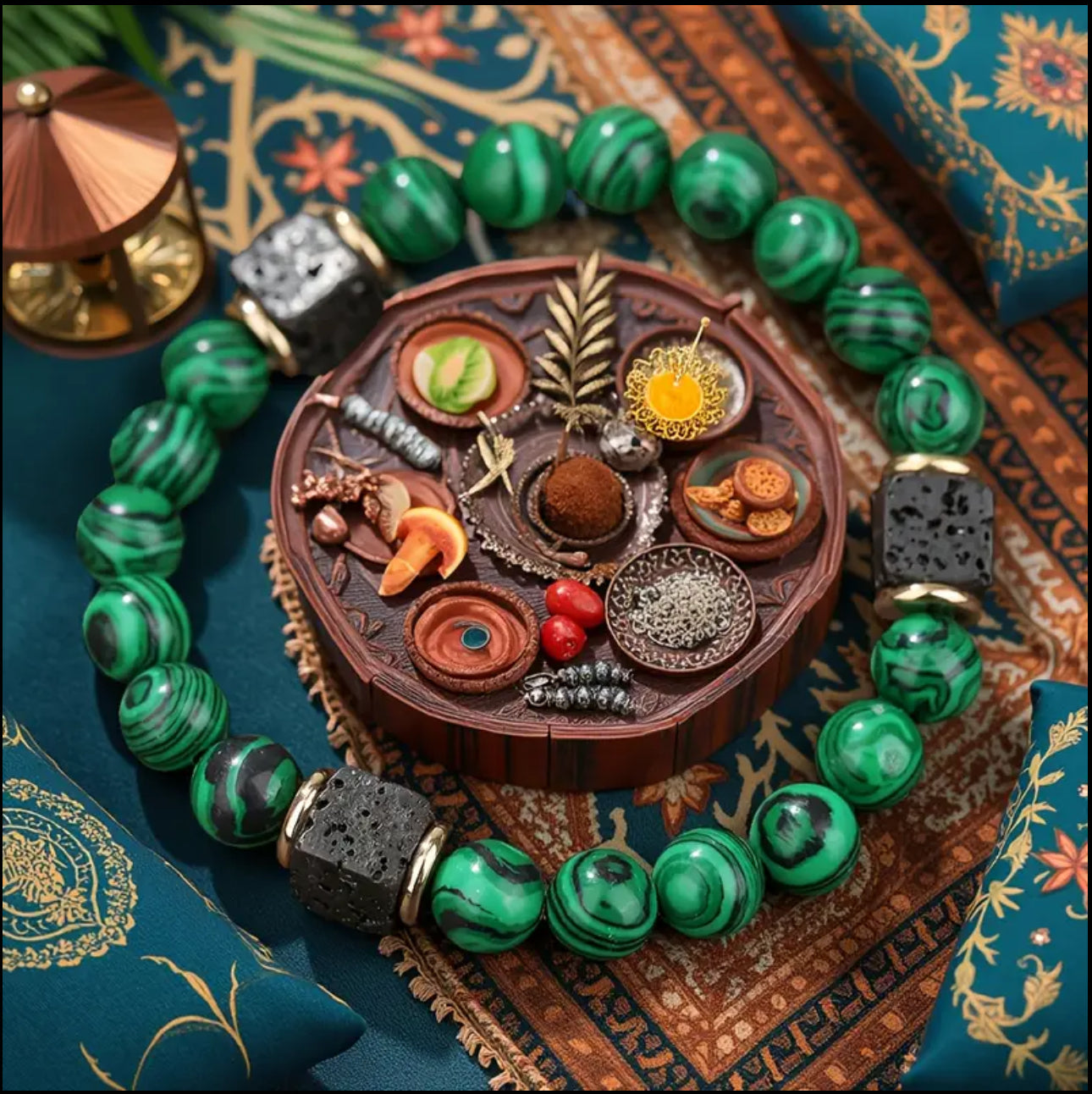 Bracelet "Force Volcanique" en Malachite (10mm) & Pierre de Lave
