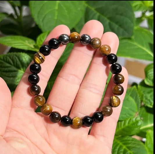 Bracelet en perles de protection – Œil de Tigre, Obsidienne Noire et Hematite
