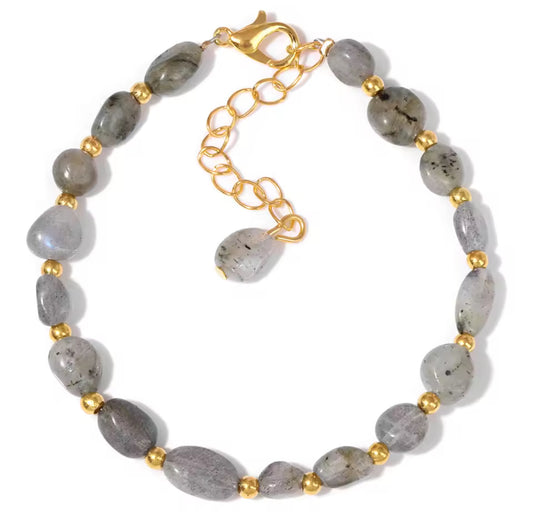 Bracelet "Aura Protectrice" en Labradorite (Pierres Roulées et Détails Dorés)
