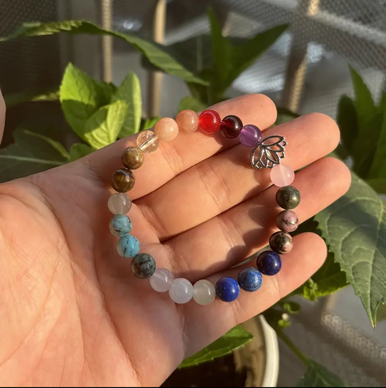 Bracelet des 7 Chakras avec Charme Feuille en Argent 🌿