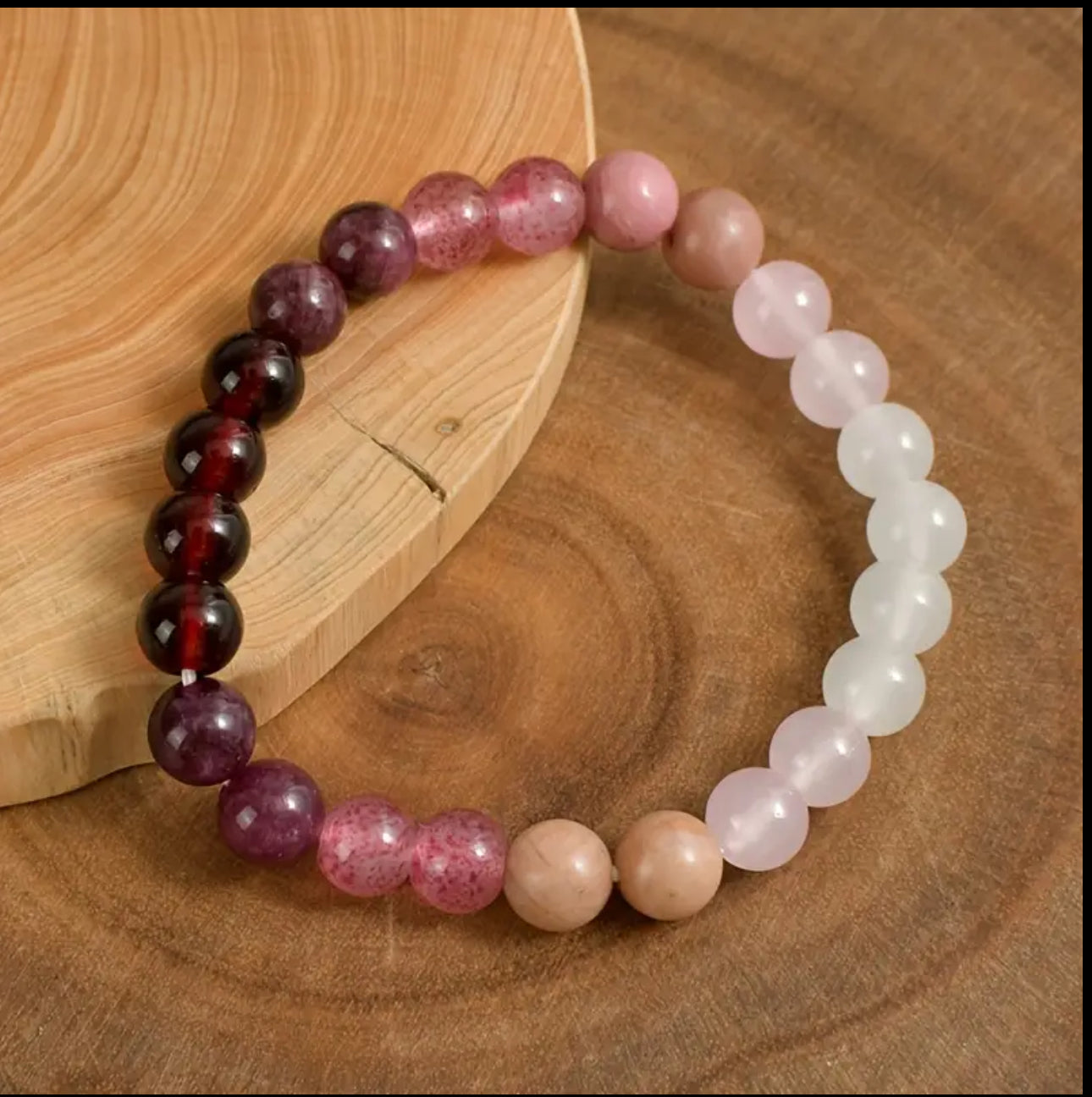 Bracelet en Grenat, Rhodonite, Quartz Fraise et Quartz Rose – Harmonie, Passion et Douceur