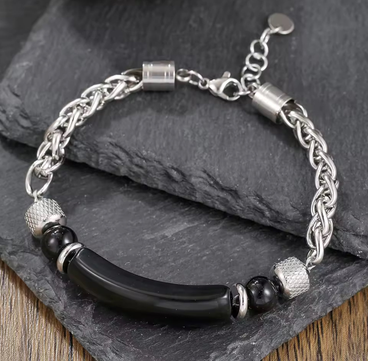 Bracelet Homme "Force Discrète" en Acier et Onyx Noir