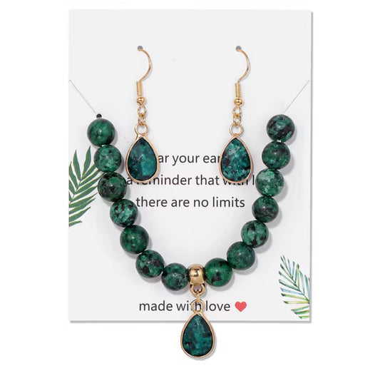 Parure "Nature Brute" en Granit Vert (Bracelet et Boucles d'Oreilles)