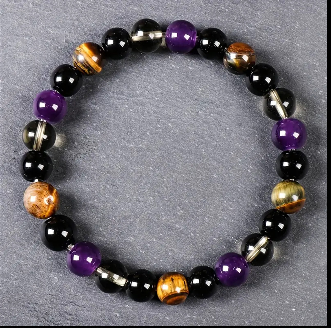 Bracelet en Améthyste, Œil de Tigre, Obsidienne et Quartz Fumé – Intuition & Protection