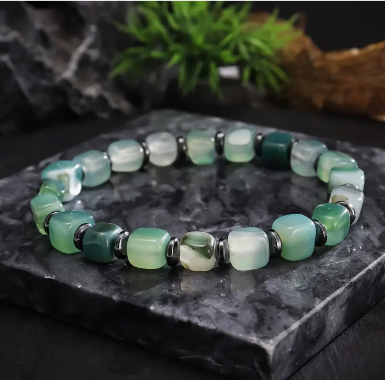 Bracelet "Équilibre Végétal" en Agate Mousse et Hématite