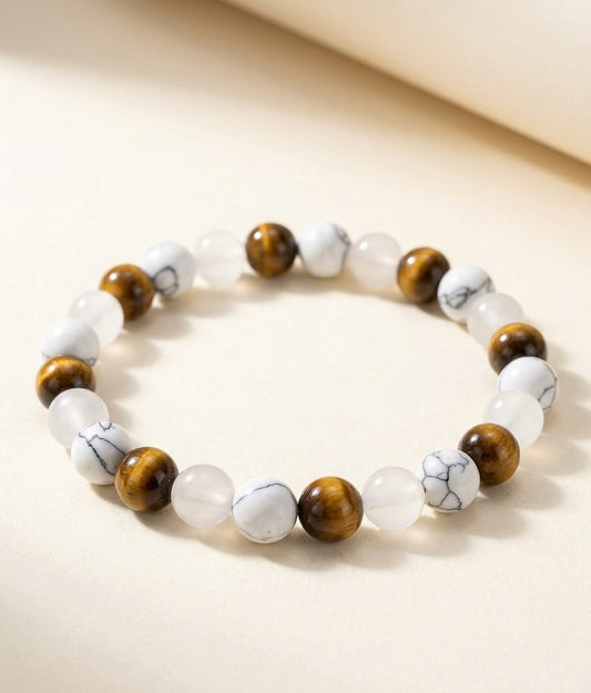 Bracelet "Équilibre Solaire" en Œil de Tigre, Howlite et Quartz Dépoli